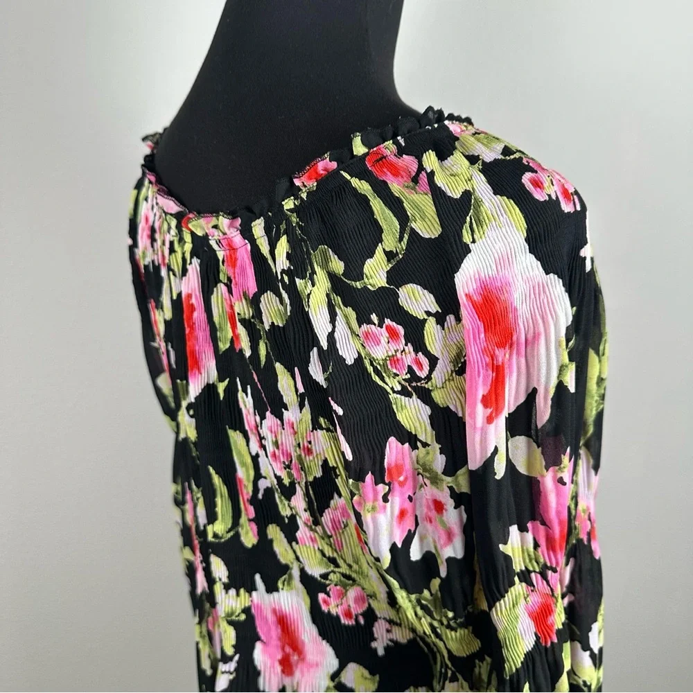 Floral & Ivy Floral Top Sz Large Sheer Pleated Stretch Flare Sleeve Peasant Boho - Picture 11 of 14